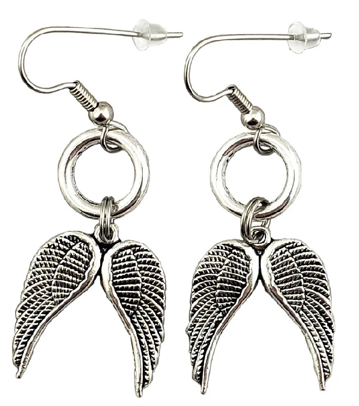 Women’s large hoop earrings-Angel Wing Earrings, Silver-Tone