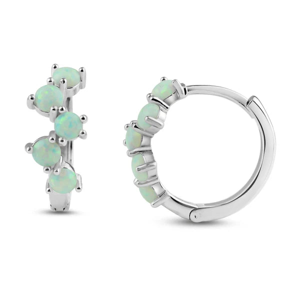 Women’s minimalist earrings-Rhodium Plated 925 Sterling Silver Alternating Opal Hoop Earrings