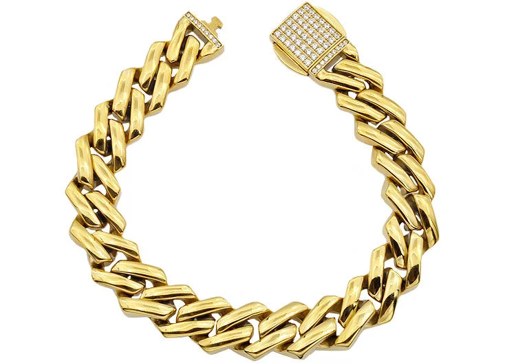 Women’s custom bangles-Mens 14mm Gold Plated Stainless Steel Closed Link Curb Chain Bracelet With Cubic Zirconia Embedded Box Clasp