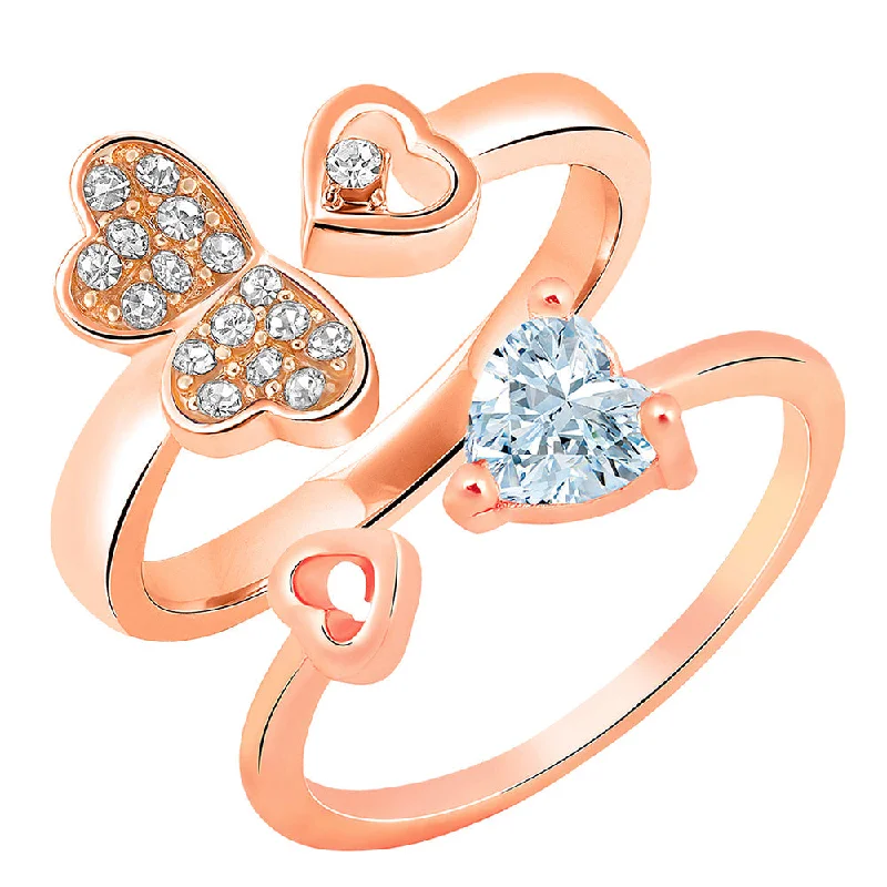 Women’s colored gemstone rings-Mahi Rose Gold Plated Combo of 2 Heart Shaped Adjustable Finger Rings with Cubic Zirconia for Women (CO1105449Z)