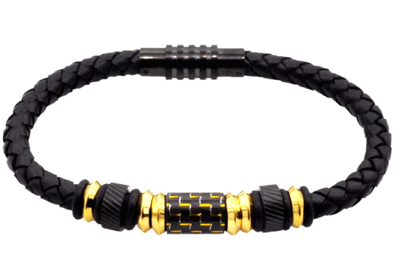 Women’s simple bangles-Mens Black Leather Gold Plated Stainless Steel Bracelet With Carbon Fiber