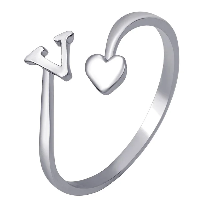 Women’s rose gold rings-Mahi Rhodium Plated 'V' Initial and Heart Adjustable Finger Ring for Women (FR1103127R)