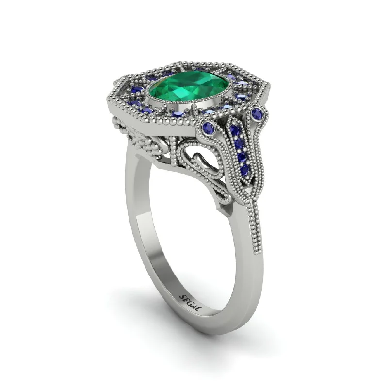 Women’s cushion cut engagement rings-Emerald Oval Cut Art Deco Engagement Ring - Tabitha No. 66