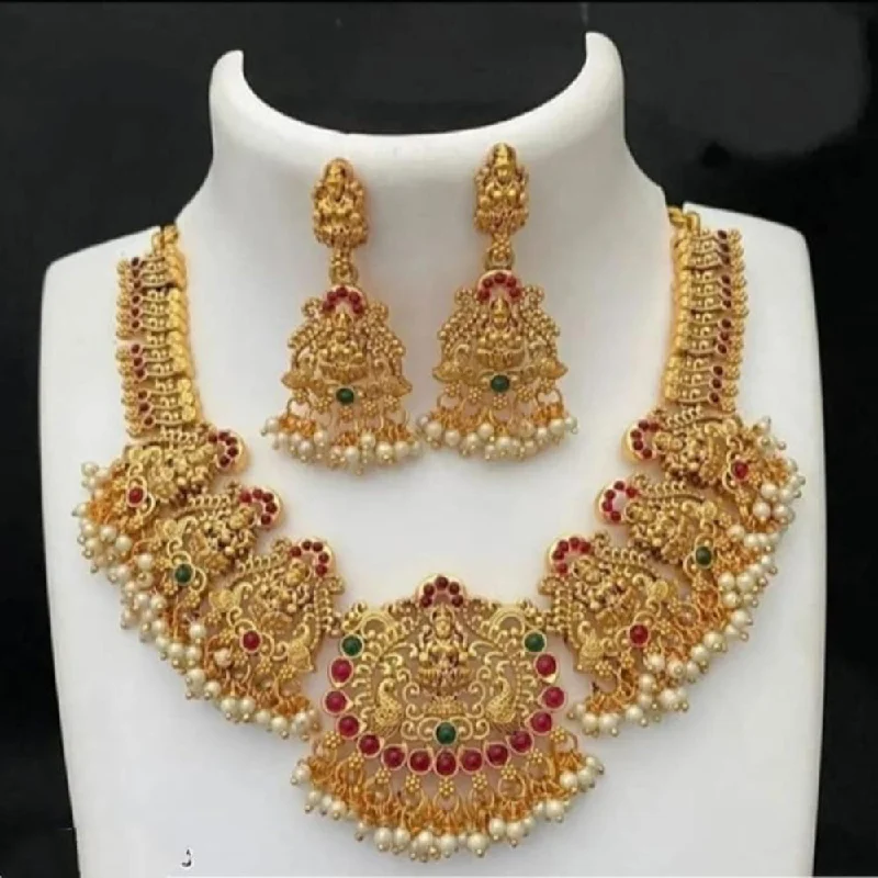 Women’s diamond solitaire necklaces-Palak Art Gold Plated Pota Stone And temple Necklace Set