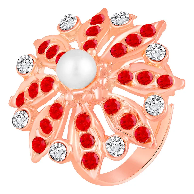 Women’s sapphire rings-Mahi Rose Gold Plated Floral Look Adjustable Finger Ring with Red Artificial Pearl & Crystal for Women (FR1103190ZRedWhi)