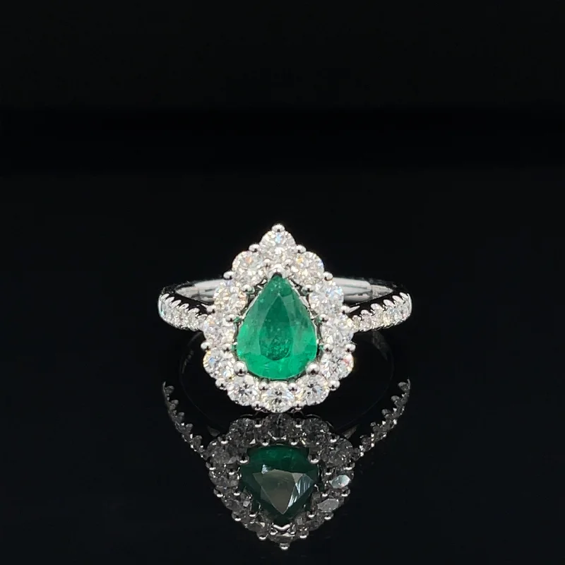 Women’s silver engagement rings-Pear Emerald & Diamond Halo Cluster Engagement Anniversary Ring in 18k White Gold - #551 - RGEME065337