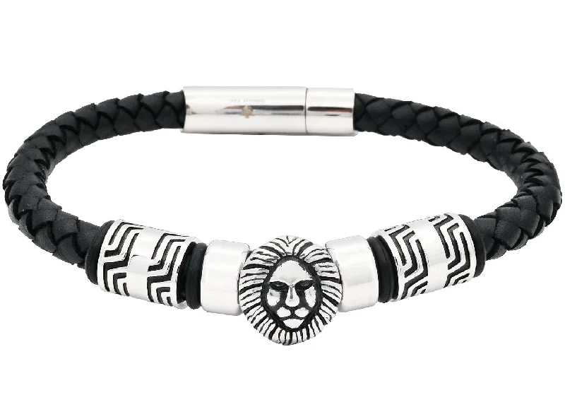 Women’s twisted bangles-Mens Lion's Head Black Leather Stainless Steel Bracelet