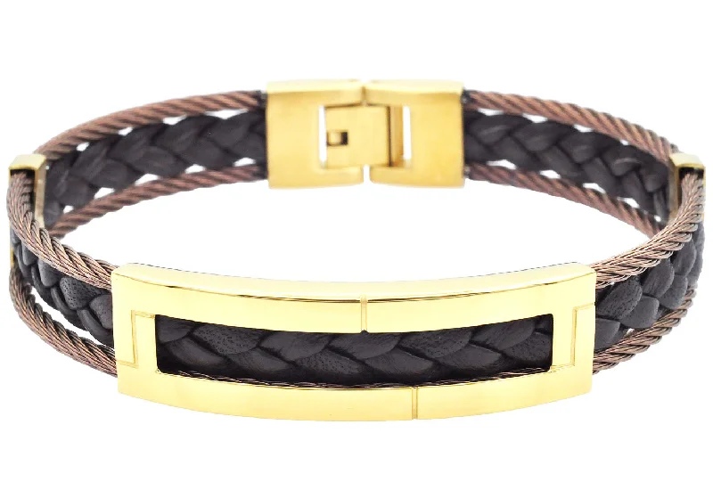 Women’s bracelet sets-Mens Gold Stainless Steel Brown Leather Cable Bracelet