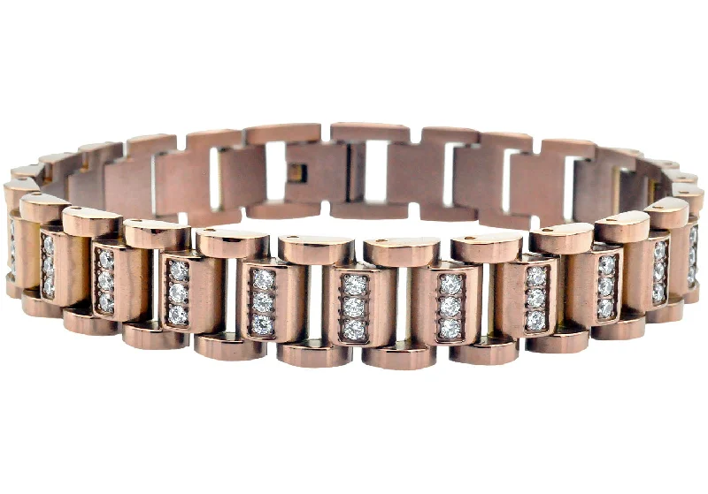 Women’s chunky bangles-Mens Chocolate Stainless Steel Watch Link Bracelet With Cubic Zirconia