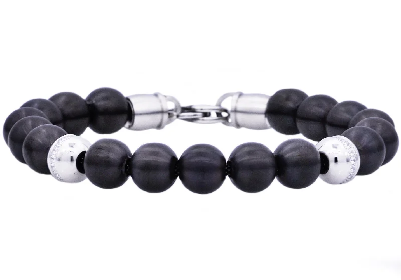 Women’s silver bangles-Mens Black Stainless Steel Beaded Bracelet With Cubic Zirconia