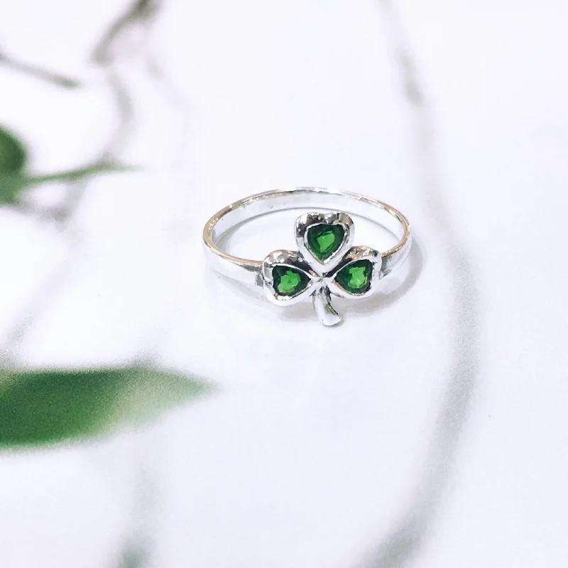 Women’s colorful rings-Green CZ Shamrock Ring - Sterling Silver